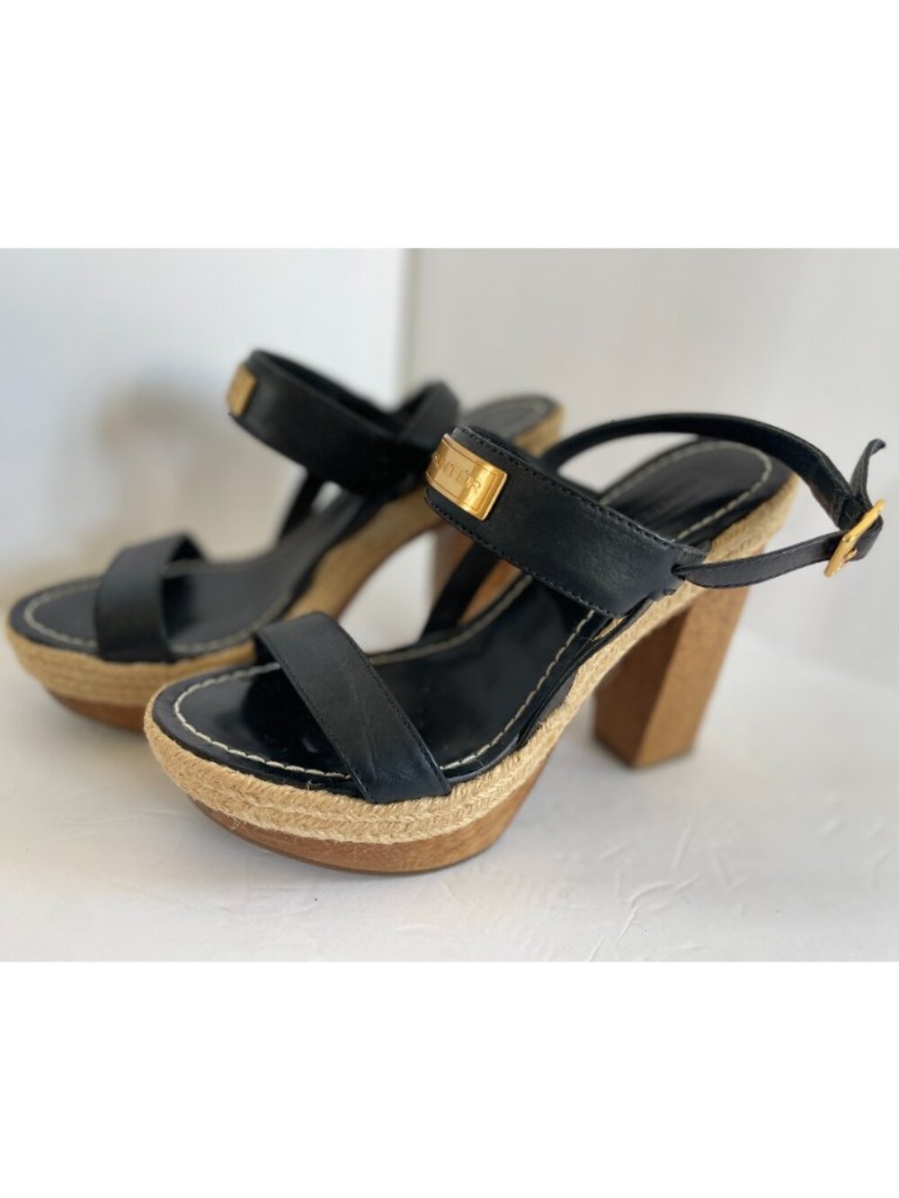 HUNTER Gonave Black Leather Designer Platform Wood Heel Sandals - Sz 6
